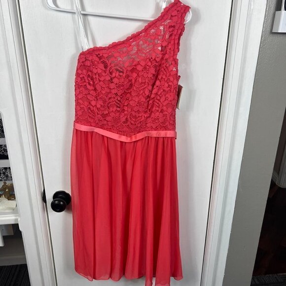 One-Shoulder Coral Lace & Mesh Dress | Bridesmaid or Cocktail Dress |Size 10 NWT - Picture 2 of 9